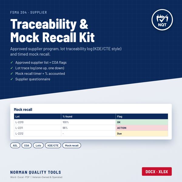 Food Supplier Approval, Traceability & Mock Recall Kit cover