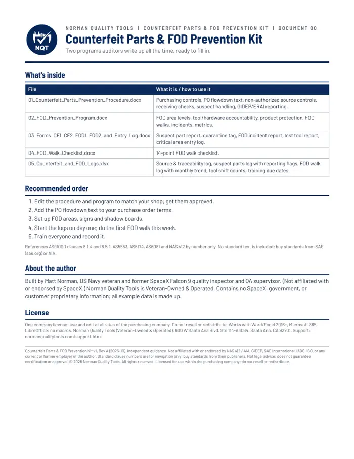 Counterfeit Parts Prevention & FOD Program Templates for Aerospace Shops sample page 1