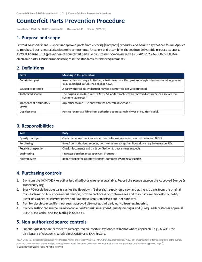 Counterfeit Parts Prevention & FOD Program Templates for Aerospace Shops sample page 2