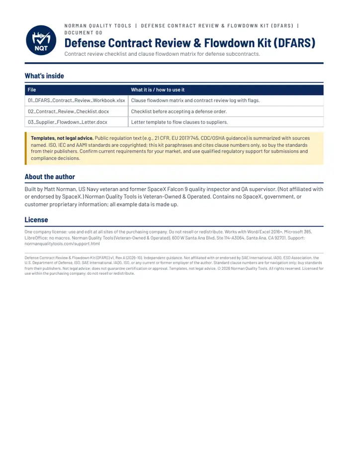 DFARS Flowdown Matrix & Contract Review Templates for Defense Suppliers sample page 1