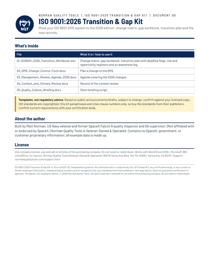 ISO 9001:2026 Transition Kit: Gap Assessment Workbook & Transition Plan sample page 1