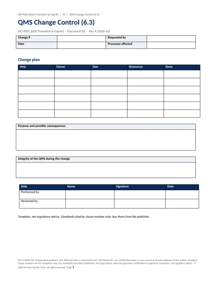 ISO 9001:2026 Transition Kit: Gap Assessment Workbook & Transition Plan sample page 2
