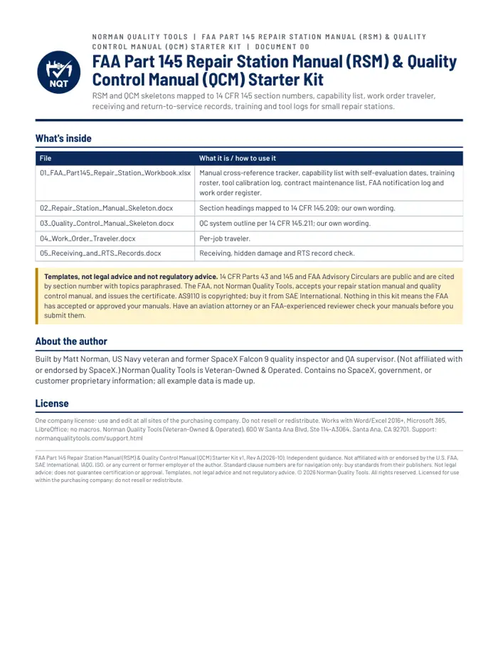 FAA Part 145 Repair Station Manual (RSM) & Quality Control Manual (QCM) Starter Kit sample page 1