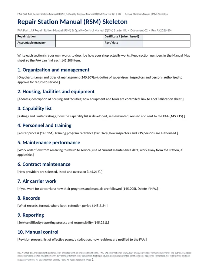 FAA Part 145 Repair Station Manual (RSM) & Quality Control Manual (QCM) Starter Kit sample page 2